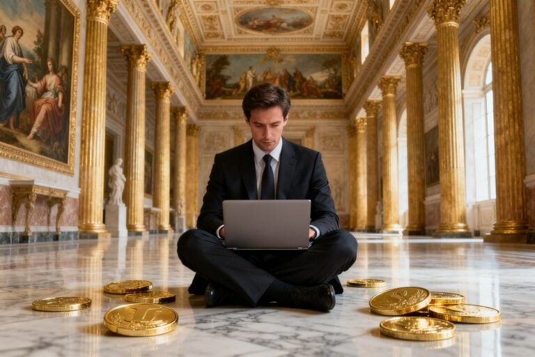 Un homme en costume assis sur le sol de marbre d'un palais, un ordinateur portable sur les genoux, entouré de pièces dorées.
