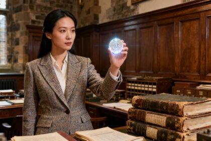 Une femme en tweed observe une pièce numérique lumineuse dans un bureau ancien rempli de registres comptables.