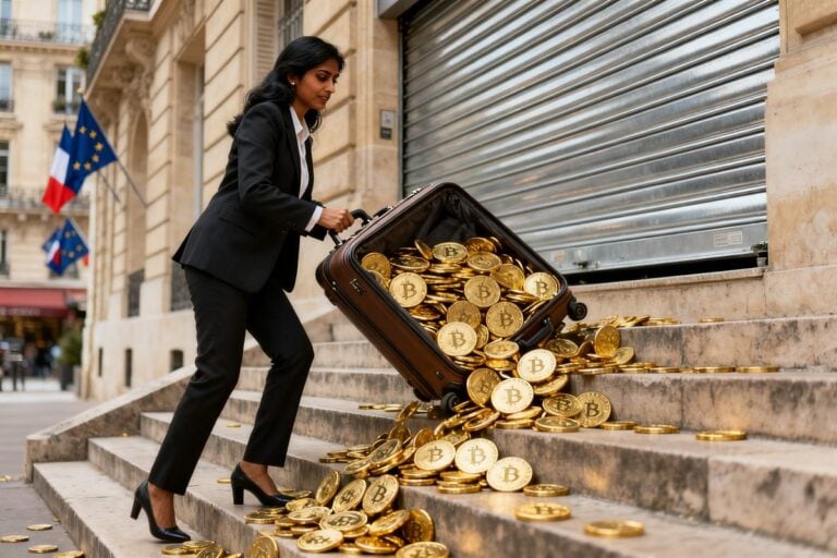 Femme en costume traînant une valise débordant de pièces dorées devant un immeuble parisien au rideau baissé