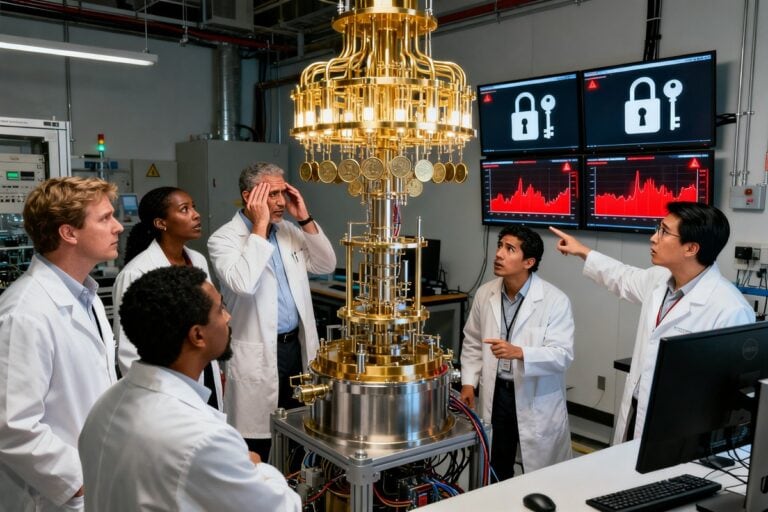 Des scientifiques préoccupés observent un ordinateur quantique et des écrans affichant des cadenas dans un laboratoire.
