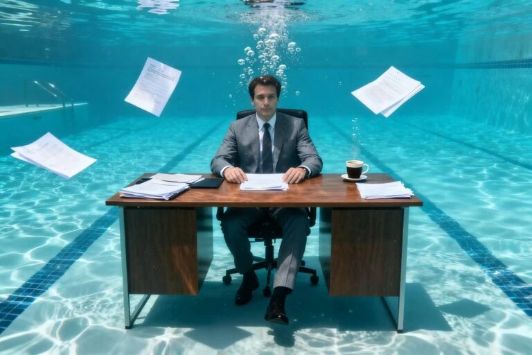 Homme en costume assis à un bureau entièrement immergé sous l'eau, documents et tasse flottant autour de lui