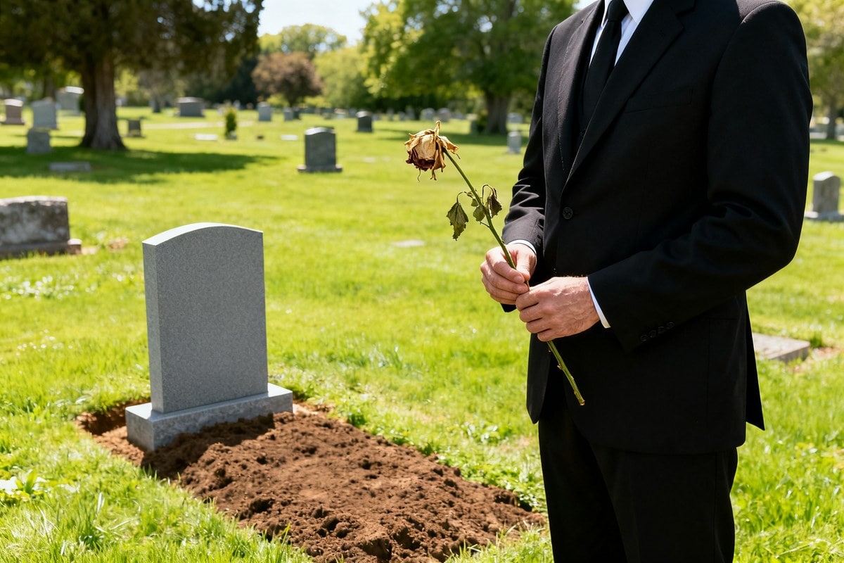 Homme en costume noir tenant une fleur fanée devant une tombe vierge dans un cimetière ensoleillé