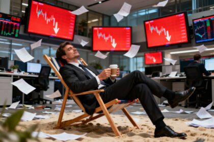 Un homme en costume détendu dans un transat avec un café au milieu d'un bureau de trading aux écrans rouges en chute.