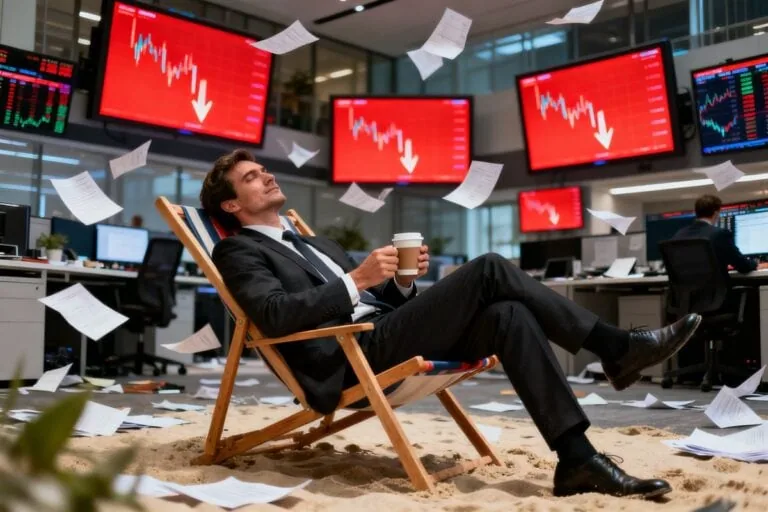 Un homme en costume détendu dans un transat avec un café au milieu d'un bureau de trading aux écrans rouges en chute.