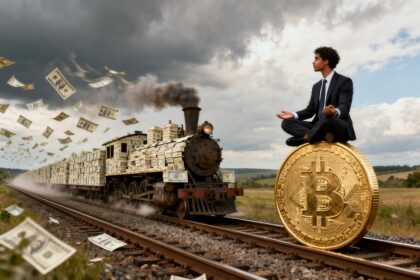 Une personne en costume assise sur une pièce dorée géante regarde passer un train fait de liasses de billets.