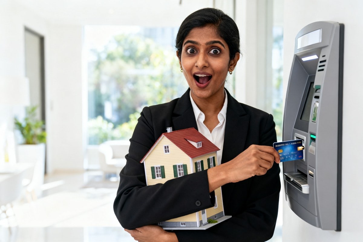 Une femme en blazer insère une carte bancaire dans un distributeur tout en tenant une maquette de maison sous le bras.