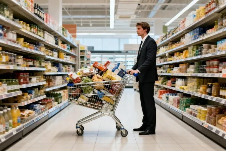 Une personne en costume tient un panier de courses comiquement surcharge et penche d'un seul cote.
