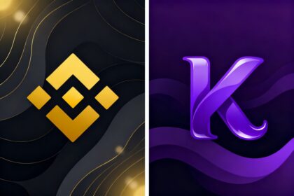 Logos de Binance et de Kraken côte à côte, séparés par une ligne verticale, sur des fonds colorés stylisés.