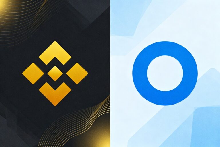 Logos de Binance et de Coinbase côte à côte, séparés par une ligne verticale, sur des fonds colorés stylisés.