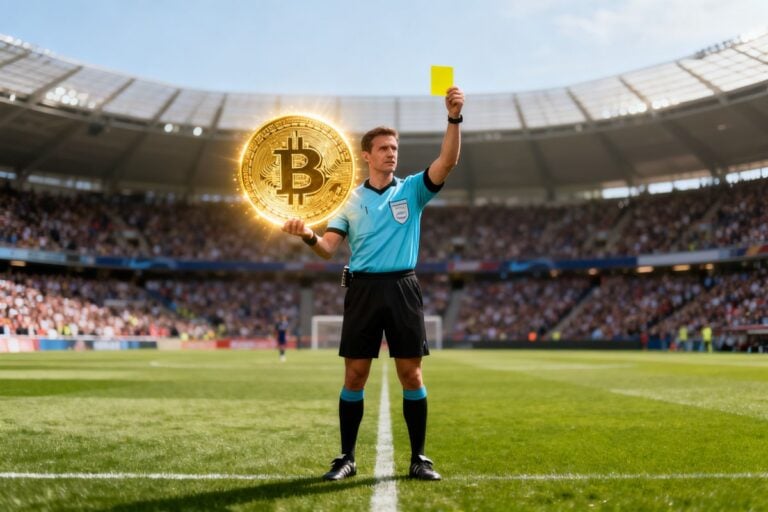Un arbitre de football brandit une grande pièce dorée de cryptomonnaie à la place d'un carton