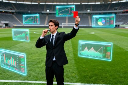Une personne en costume arbitre un match sur une pelouse, sifflet et carton rouge en main, entourée d'écrans financiers.