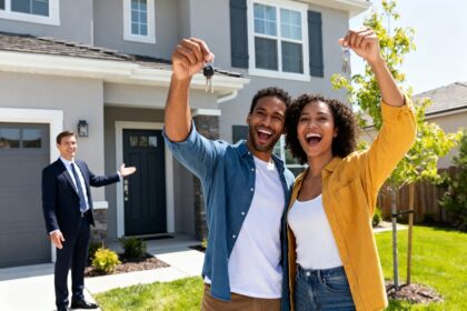 Un couple souriant brandit les clés de sa maison devant un pavillon, un conseiller en costume à l'arrière-plan.