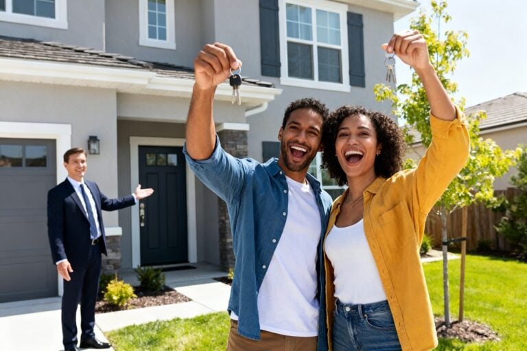 Un couple souriant brandit les clés de sa maison devant un pavillon, un conseiller en costume à l'arrière-plan.
