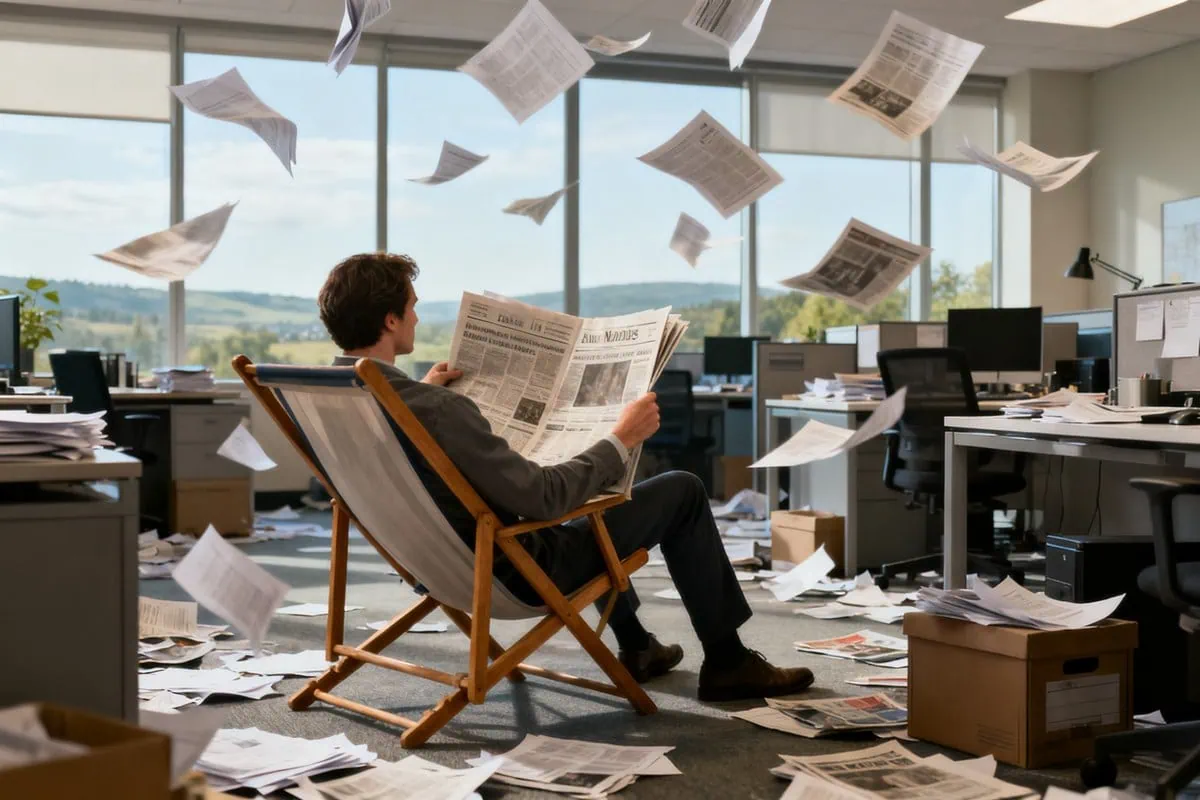 Une personne lit un journal dans un transat au milieu d'un bureau en désordre, des papiers volant autour d'elle.