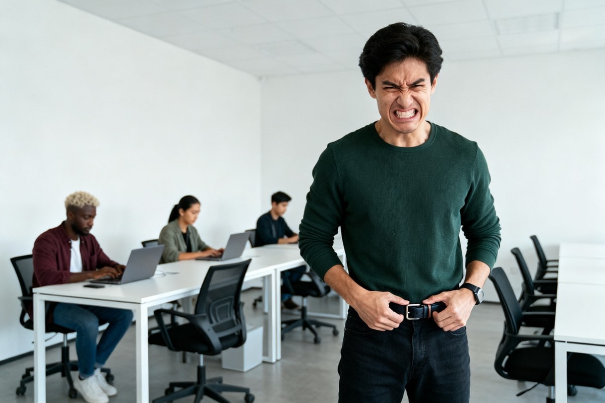 Dans un bureau presque vide, un développeur serre sa ceinture d'un cran pendant que ses collègues travaillent sur ordinateur.