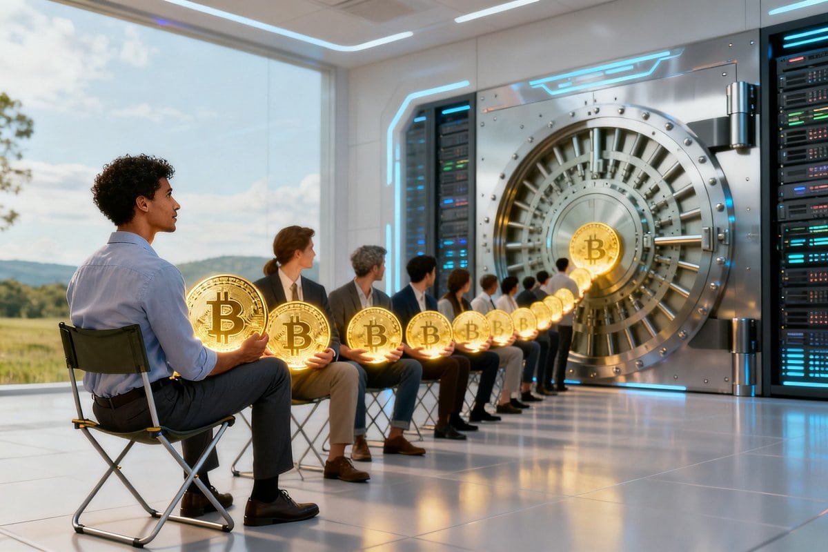 Des personnes en tenue de bureau font la queue en serrant une grande pièce dorée devant un centre de données futuriste.