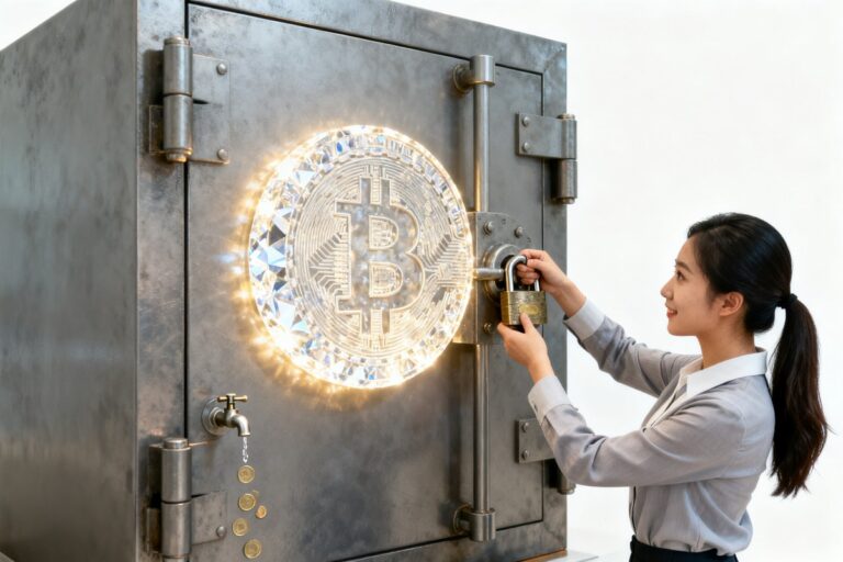Femme en tenue de bureau cadenassant une pièce lumineuse géante dans un coffre-fort surdimensionné