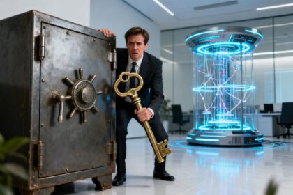 Un homme en costume protège un coffre-fort ancien face à une machine quantique futuriste.