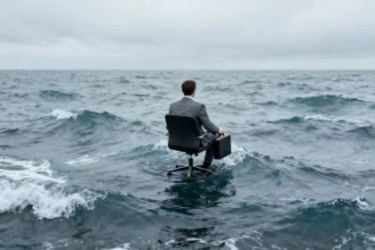 Un homme en costume gris, de dos, assis sur une chaise de bureau flottant sur une mer agitée sous un ciel couvert.