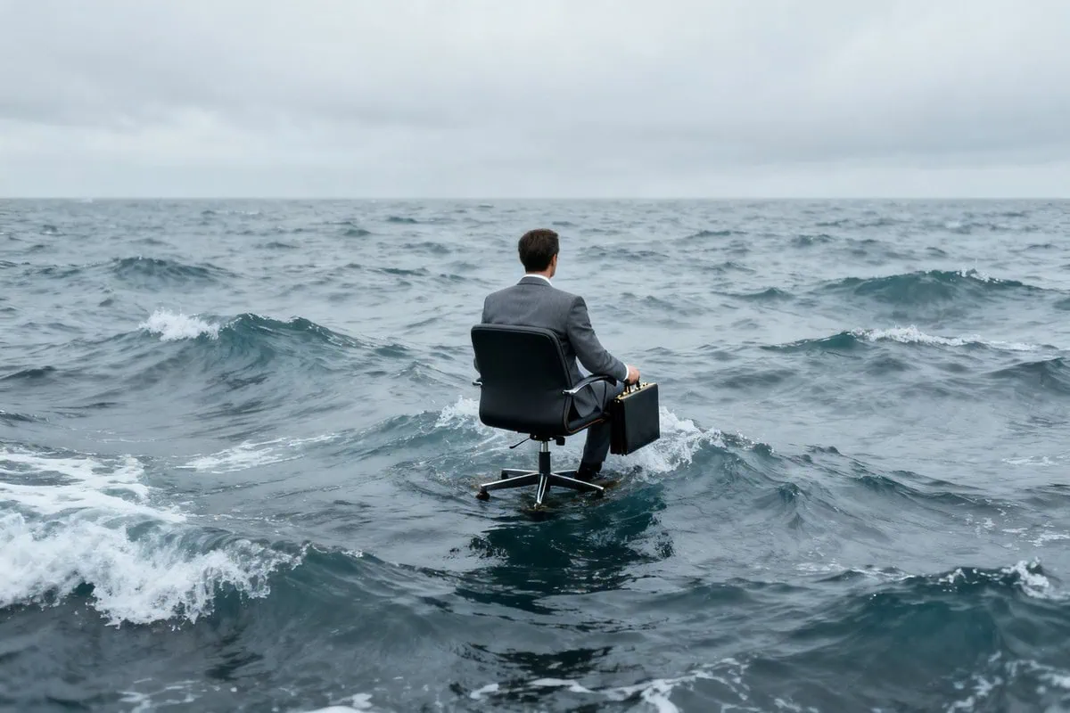 Un homme en costume gris, de dos, assis sur une chaise de bureau flottant sur une mer agitée sous un ciel couvert.