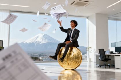 Une personne en costume lance des documents en l'air, assise sur une pièce dorée géante, dans un bureau lumineux à Tokyo.