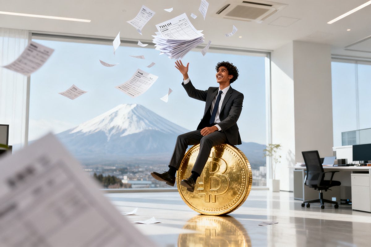 Une personne en costume lance des documents en l'air, assise sur une pièce dorée géante, dans un bureau lumineux à Tokyo.
