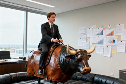 Un homme en costume chevauche calmement un taureau mécanique dans un bureau d'entreprise couvert de graphiques.