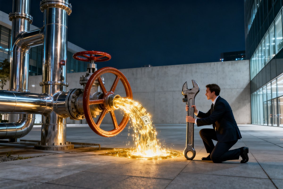 Un homme en costume tient une énorme clé à molette près de tuyaux d'où jaillit un flot de lumière dorée.