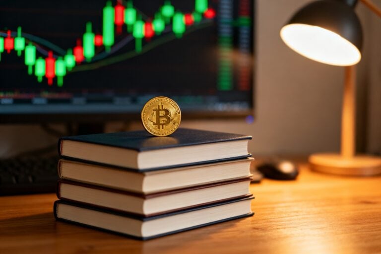 Pile de livres reliés sur un bureau en bois, une pièce de bitcoin dorée posée dessus, un écran de cours flou en arrière-plan.