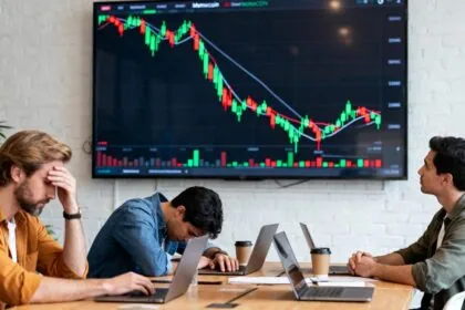 Plusieurs traders particuliers dépités devant un écran affichant un graphique de memecoin en chute libre, dans un espace de coworking