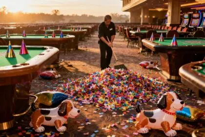 Un agent d'entretien balaie confettis et ballons dans un casino vide au petit matin