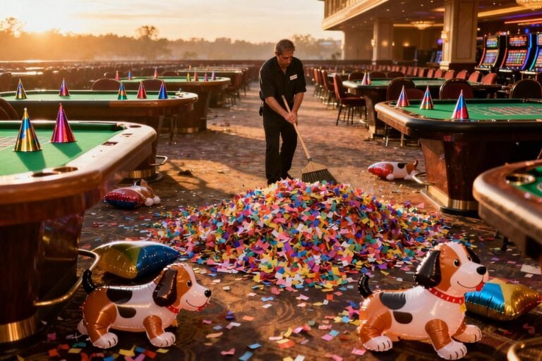 Un agent d'entretien balaie confettis et ballons dans un casino vide au petit matin