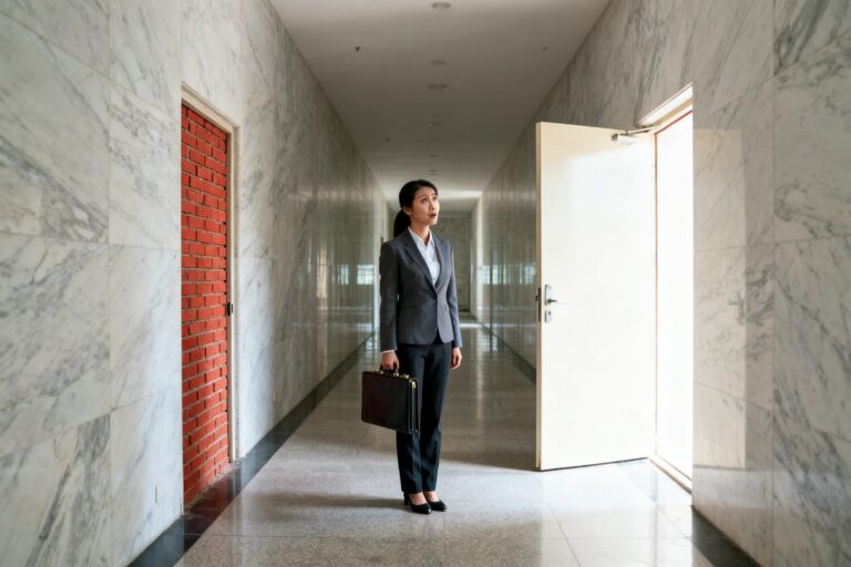 Une femme en tailleur hésite dans un couloir entre une porte murée de briques et une porte grande ouverte sur la lumière.