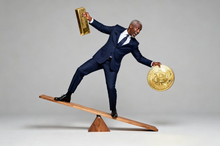Un homme en costume en équilibre sur une balançoire, un lingot d'or dans une main et une pièce de bitcoin dans l'autre.
