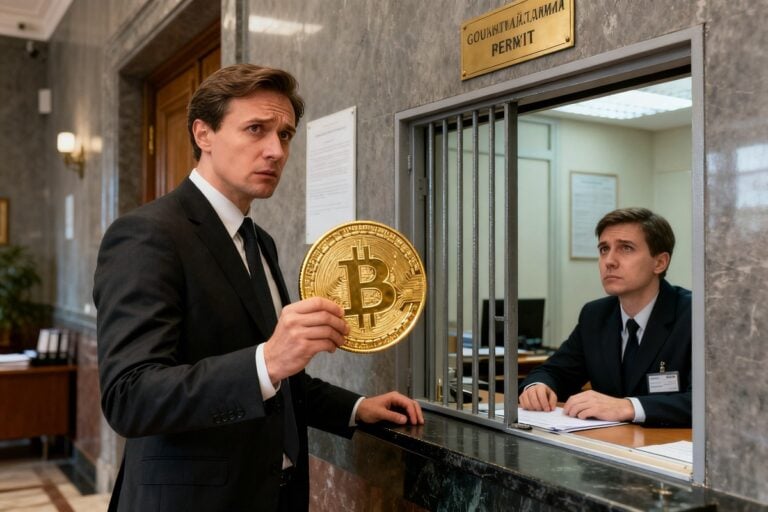 Une personne en costume tient une grande pièce dorée à un guichet administratif à l'ancienne.