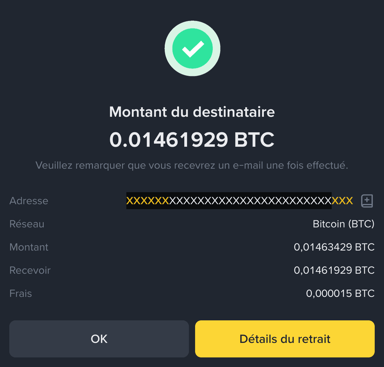 Le réseau Bitcoin applique par exemple 0,000015 BTC de frais de transfert