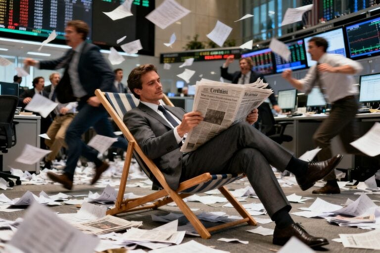 Un homme en costume lit le journal dans un transat au milieu d'une salle de marché en pleine agitation.