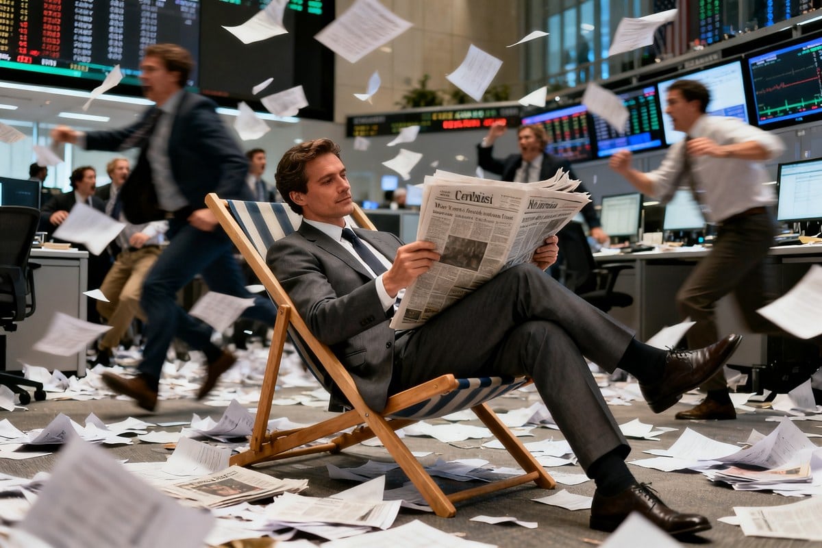 Un homme en costume lit le journal dans un transat au milieu d'une salle de marché en pleine agitation.