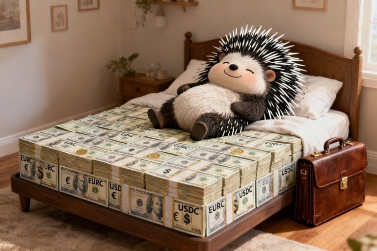 Un porc-épic détendu allongé sur un matelas de billets EURC et USDC, une mallette posée près du lit.