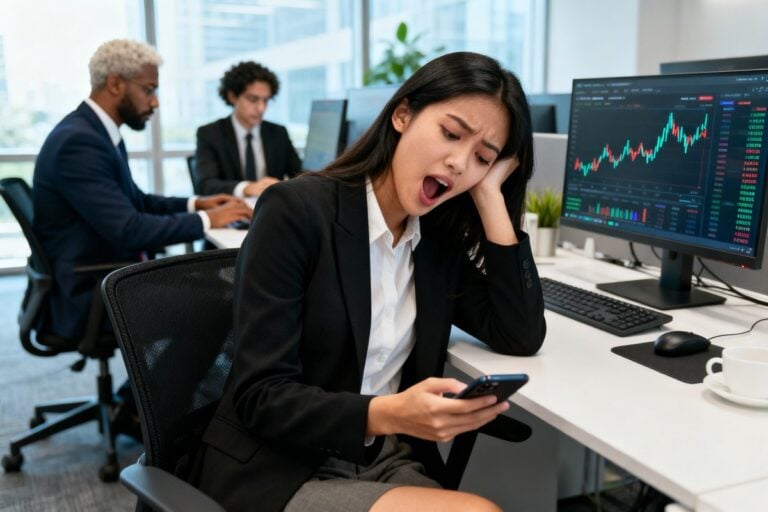 Une femme s'ennuie devant un graphique plat sur son téléphone tandis que deux professionnels travaillent en arrière-plan.