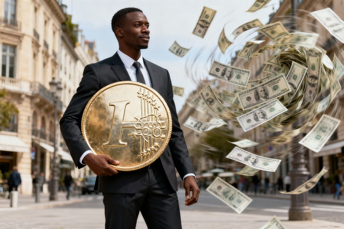 Homme en costume brandissant une pièce d'euro géante face à des billets de dollars en plein vent