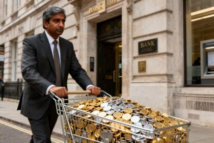 Un homme en costume pousse un chariot débordant de pièces devant la façade d'une banque à Londres.