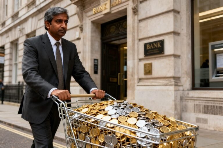 Un homme en costume pousse un chariot débordant de pièces devant la façade d'une banque à Londres.