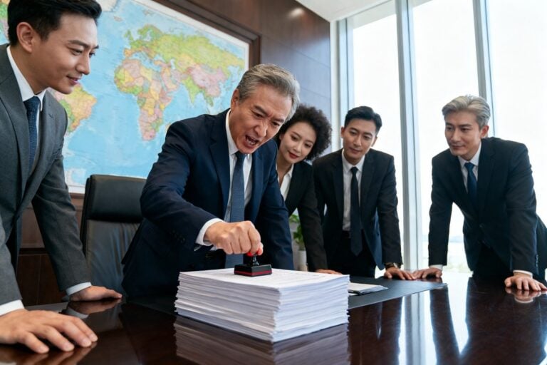 Des responsables en costume valident un épais dossier réglementaire autour d'une table, une carte du monde au mur.