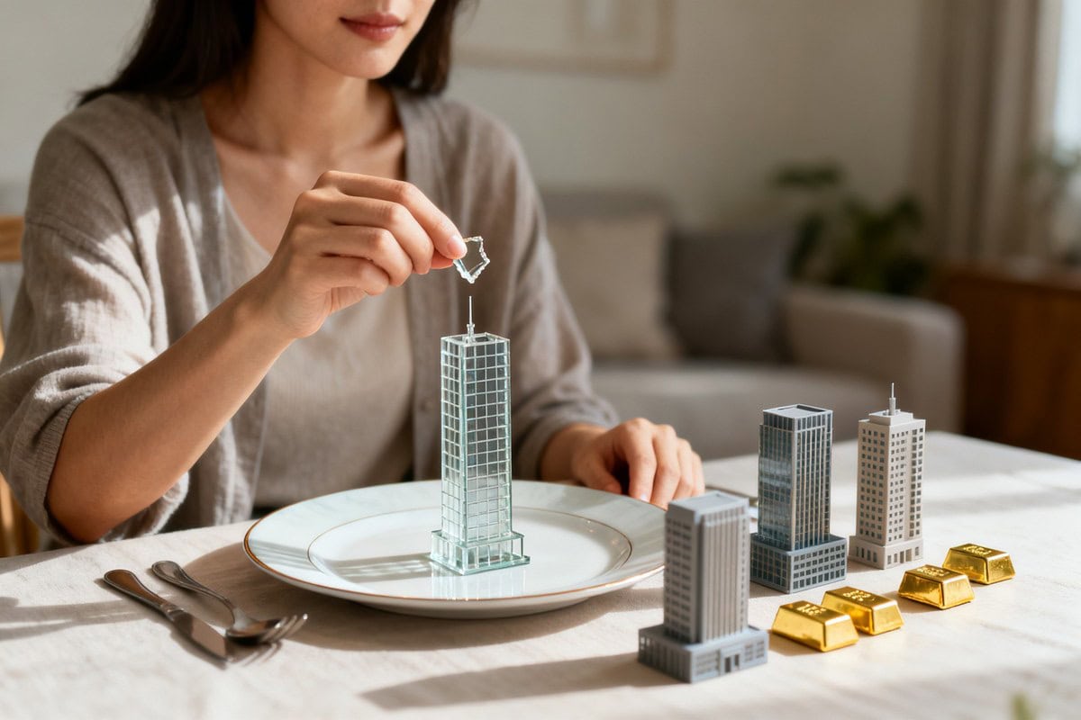 Femme tenant un fragment d'immeuble miniature posé sur une assiette