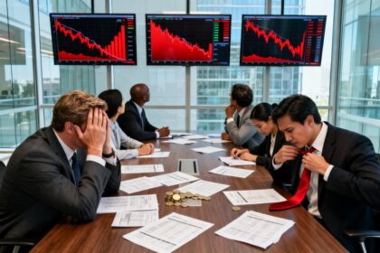 Des dirigeants d'entreprise inquiets fixent des graphiques boursiers en chute dans une salle de réunion.