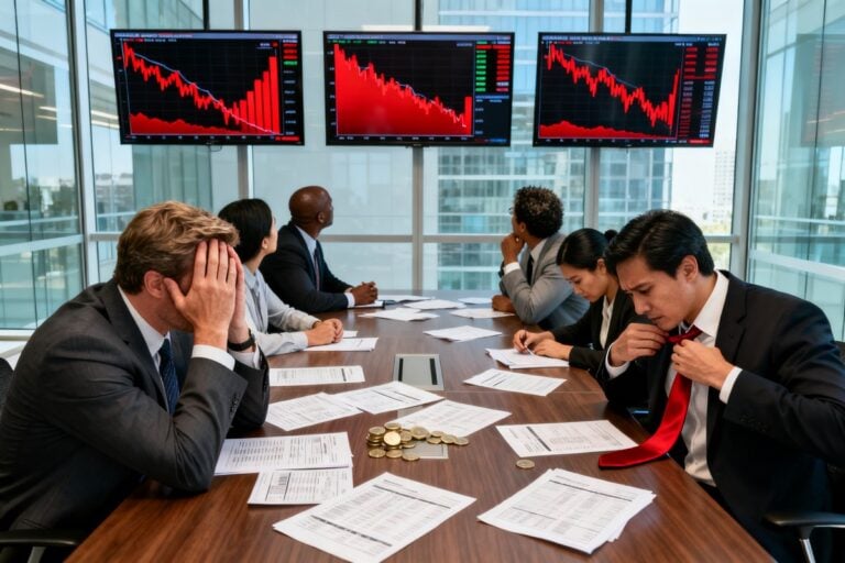 Des dirigeants d'entreprise inquiets fixent des graphiques boursiers en chute dans une salle de réunion.