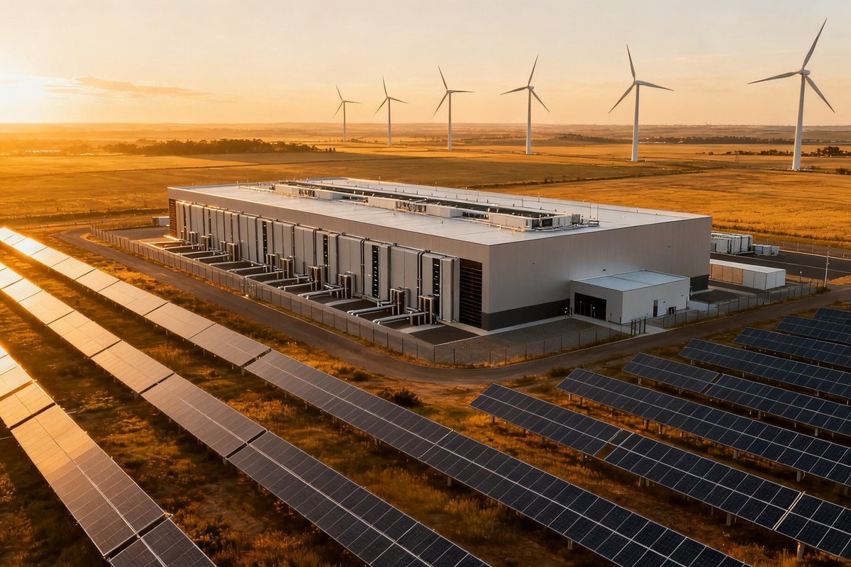 Centre de données entouré de panneaux solaires et d'éoliennes au coucher du soleil