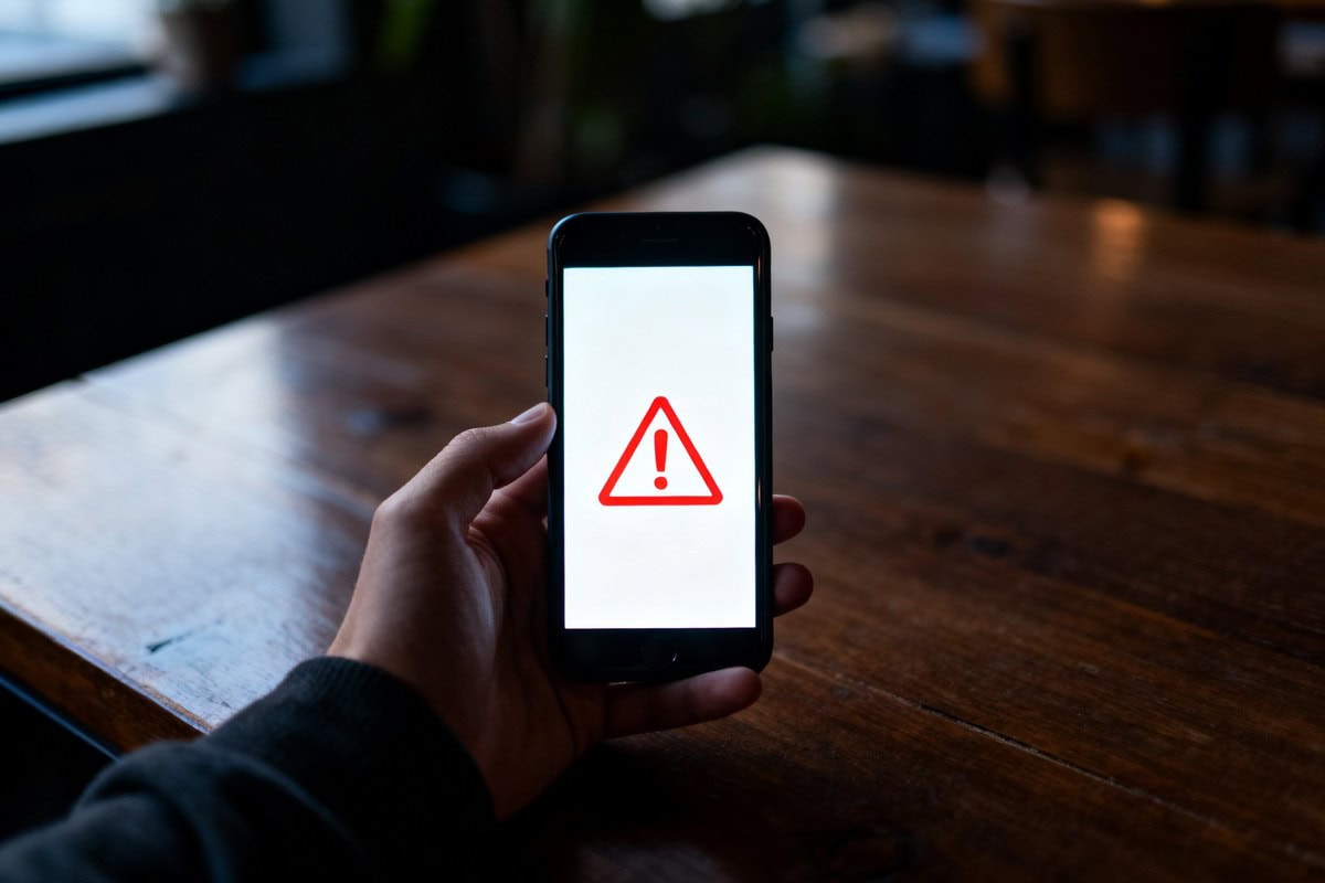 Main tenant un smartphone affichant une alerte de sécurité dans une pièce sombre