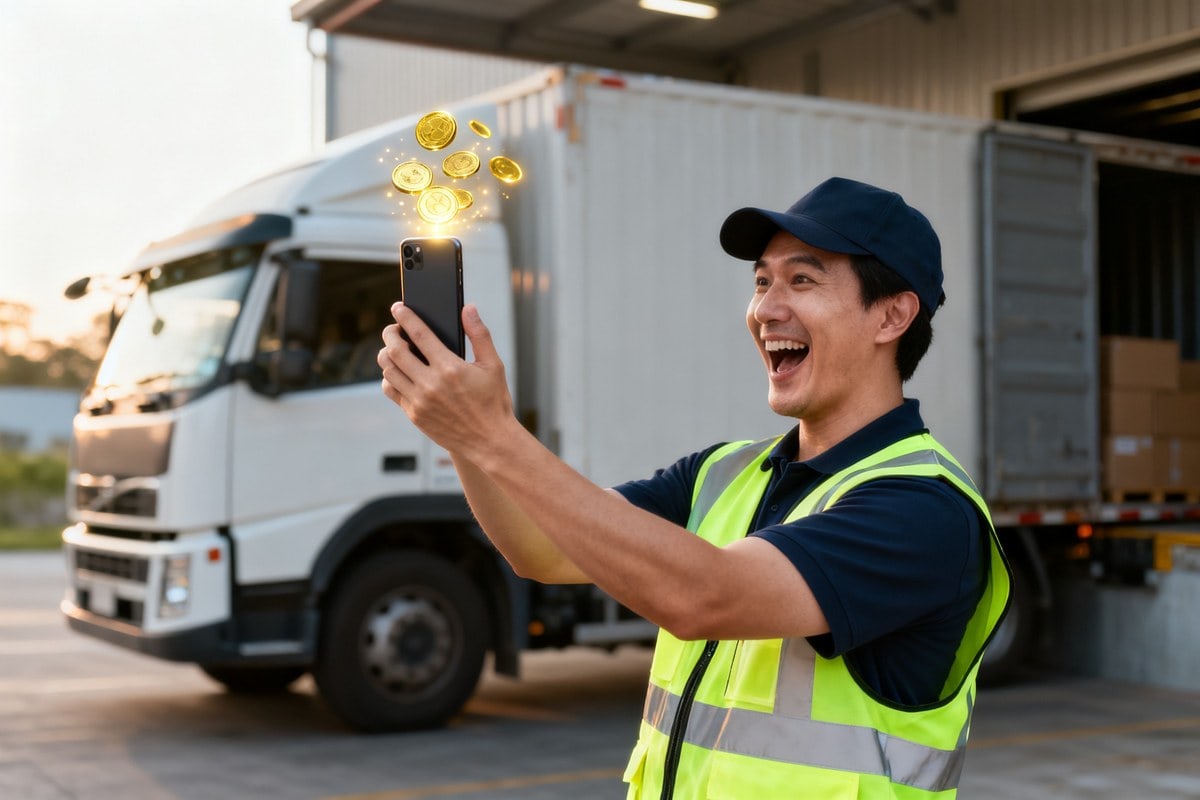 Un chauffeur routier en gilet fluo lève son smartphone devant un camion, des pièces dorées jaillissent de l'écran